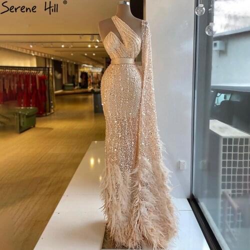 Serene Hill Mermaid Gold One Shoulder Evening Dresses Gowns 2021 Luxury Feather Beading Elegant Sexy For Women Party LA71096