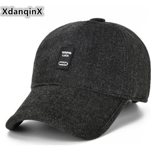 XdanqinX Adjustable Size Winter Hat For Men Thick Warm Baseball Caps With Ear Hooded Fashion Dads Hats Male Woolen Duck Cap