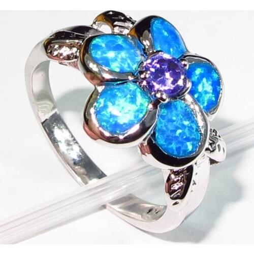 SHUNXUNZE vintage wedding rings for men and women Noble Generous Blue opal and Blue Cubic Zirconia Rhodium Plated R208 size 7 8