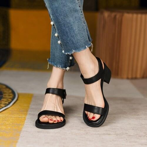 Platform Shoes Women Genuine Cow Leather Sandals 2021 Summer Open-Toed Mid-Heel Sandals Women