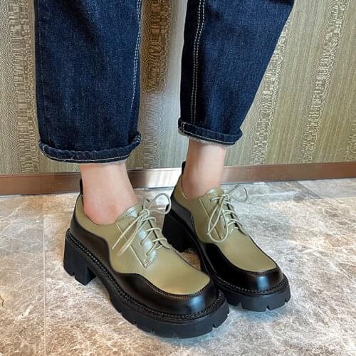 Genuine Leather Women Casual Pumps Mix Color All-match Platform Shoes Lace Up British Style Lolita Breathable Female Loafers