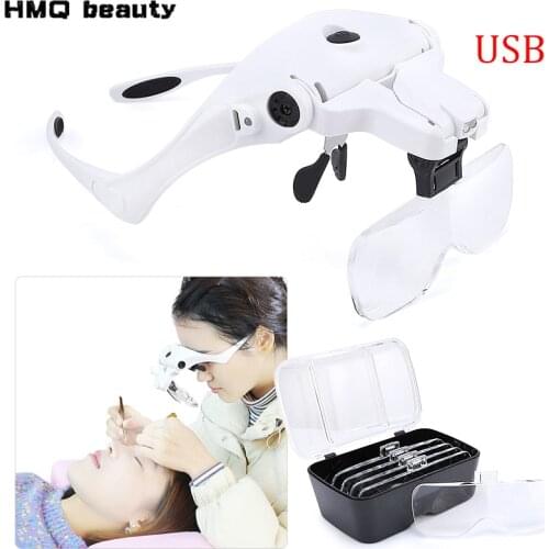 Lash Magnifying Glass 5 Lens USB With LED Light lamp Adjustable Headband Eyelash Extension Tools False Lashes Accessories