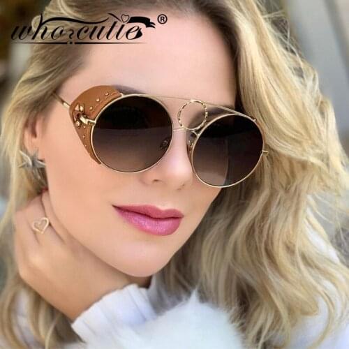 WHO CUTIE Steampunk Goggles Sunglasses Women Men 2020 Brand Design Metal Frame PU Leather Round Frame Sun Glasses Female S241