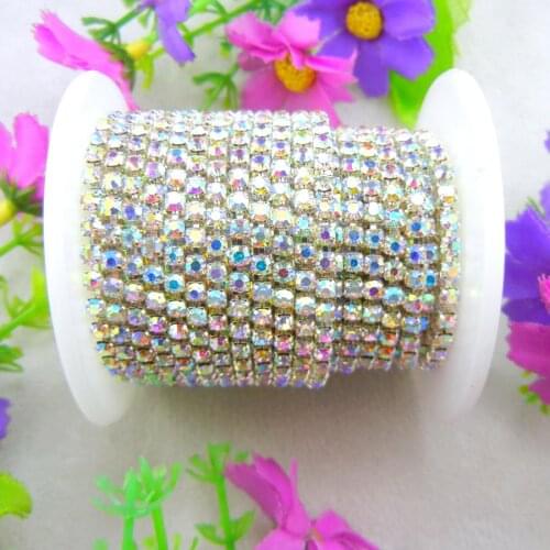 Factory sale 10yards/R High density Crystal AB clear color Rhinestone Silver base Close cup Chain Sew On glue on for craft diy