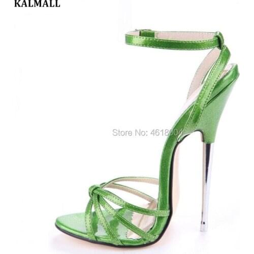 KALMALL Women Sexy Nightclub Fetish High Heel Sandals Stage Dancer Super High Metal Thin Heels Gladiator Ankle Strap Shoes 16 cm