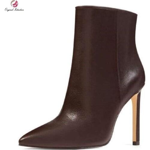 Womens ANKLE Boots Shoes Pumps Pointed Toe Thin Heels Brown Patent Leather Zipper High Heels Boots Plus Size 35 45 Woman Shoes