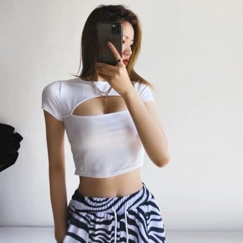 2021 New Sexy Solid Black White O-Neck Short Sleeve T-Shirt Tees Tops Women Hollow Out Short Casual Tees Crop Tops