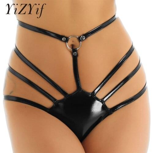 Women Sexy Panties Thong Underwear Lingerie Wet Look Patent Leather Adjustable Waist High Cut Solid Strappy G-string Bikini