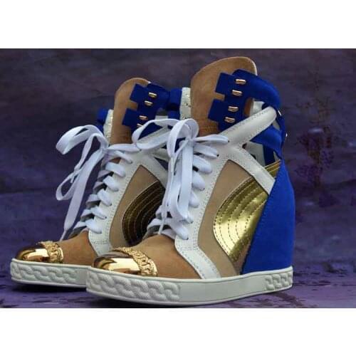 Golden Metal Plated Toe Suede Patchwork Sneaker High Top Geometric Cut Out Casual Shoes Ziper Back Ladies Increased Heel Shoes