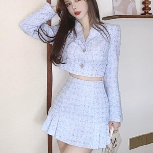 New Autumn Fashion Sweet Tweed Two Piece Set Women Short Jacket Coat Crop Top + Mini Skirt Sets Two Piece Outfits Elegant Slim