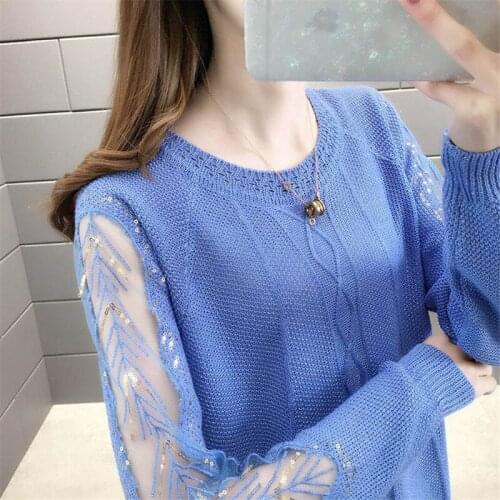 Knitted Sweaters Female Spring Autumn 2020 New Ladies Loose Lace Long Sleeve Pullover Sweater Women Casual Solid Color Jumper 97