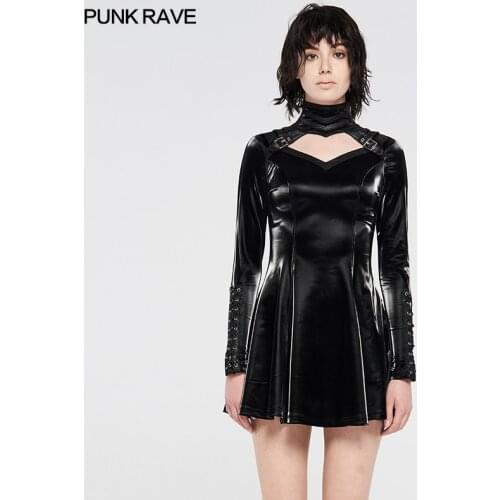 PUNK RAVE Womens SteampunK Turtleneck A-Line Hollow Out Short Dresses Punk Imitation Shark Skin Sexy Slim Club Women Dress