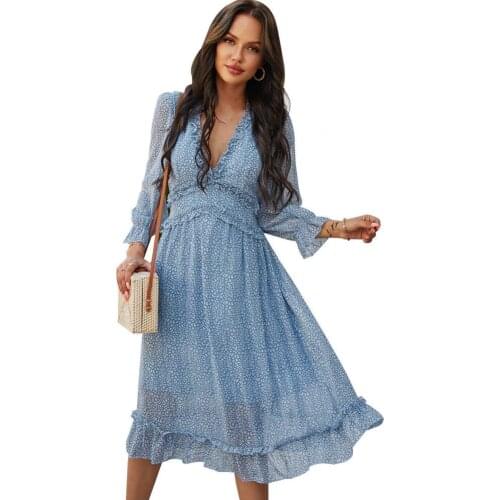 Women Dress Floral Print Deep V Neck Spring Long Sleeve Large Ruffle Hem Midi Dress Streetwear for Party Womens Clothing 2021