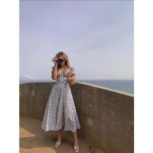 DEIVE TEGER Summer Womens Casual Square Collar Short Sleeve Backless Pringing Split Midi Chiffon Dress Party Elegant Chic Dress