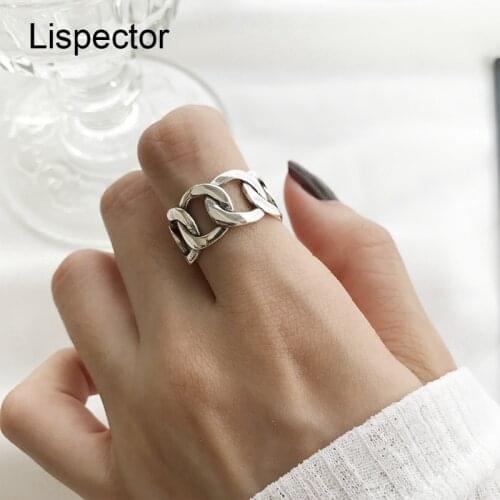 Lispector 925 Sterling Silver Korean Wide Chain Rings for Women Vintage Wild Square Strip Open Ring Retro Unisex Jewelry Gifts