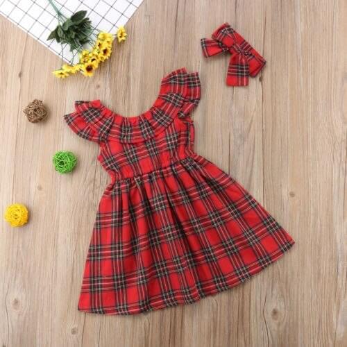 2020 Baby Toddler Girls Summer O-Neck Sleeveless Knee-Length Plaid Christmas Casual Cotton Dresse 1-6Y