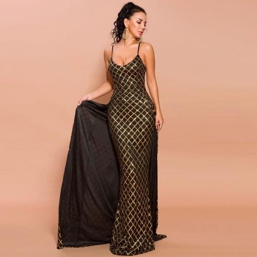 2020 Gold and Black Evening Dress Lattice Design Spaghetti Straps Sleeveless Sheath Formal Gown with Overskirt