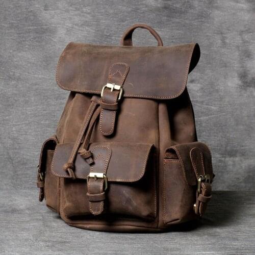 2021 Brand Vintage Genuine Leather Backpack Men Women Classic Mini Schoolbag Crazy Horse Cowhide Leather Preppy Style Daypack