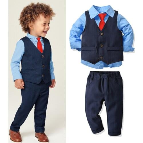 Autumn Spring Infant Toddler Boy Kits Solid Blue Shirt with Tie + Vest + Pants 4 Pieces Kids Wedding Clothing Set