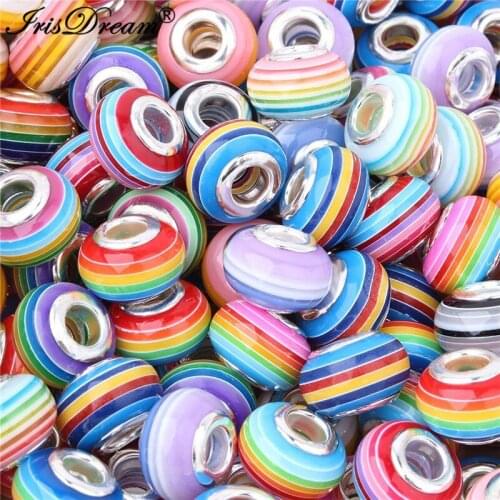 20PCS Round Striped Rainbow Colorful Plastic Resin Murano Spacer Beads Charms Fit For Pandora Bracelets For DIY Jewelry Making