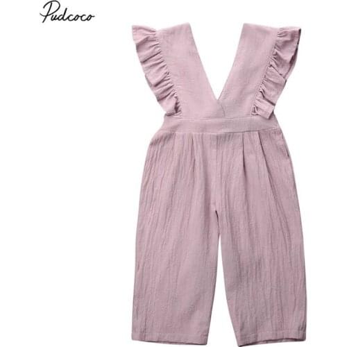 2019 Baby Summer Clothing Toddler Kid Baby Girls Frills Romper Ruffled Solid V Neck Jumpsuit Playsuit Backless Knot Outfit 1-6T