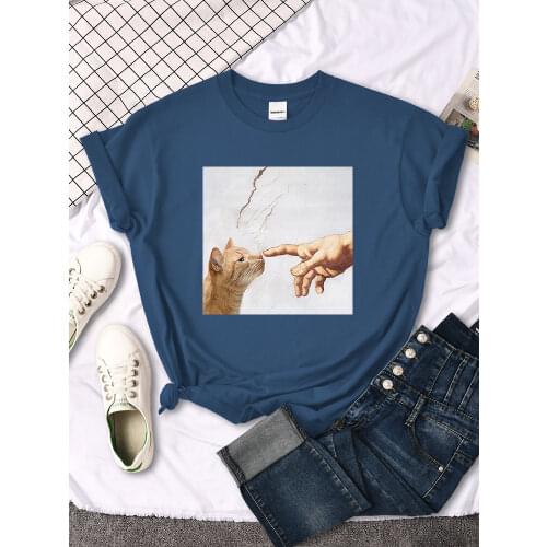 T Shirt Funny Cute Cat And Manpower Printed Womens T-Shirt Kawaii Fashion Woman Clothes Oversized Harajuku Tshirt For Womens