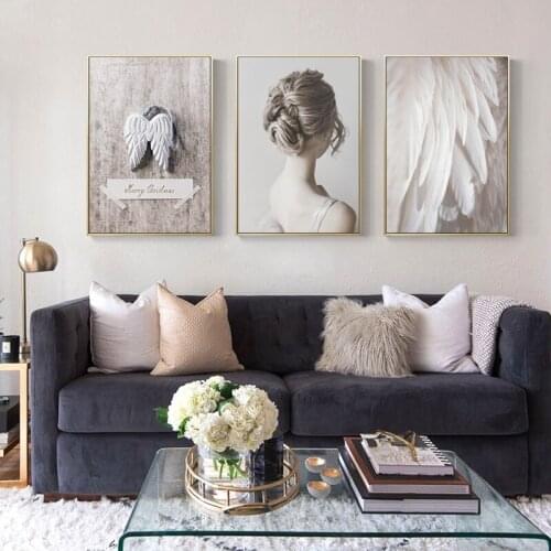 White feather print picture nordic girl angel winds canvas painting ins style wall decor cuadros home decoration