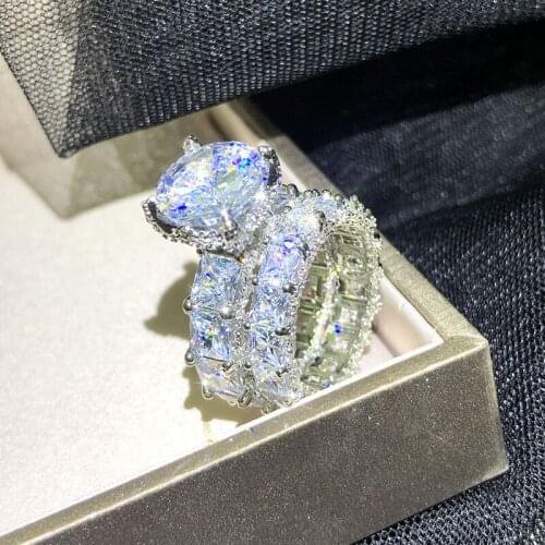 Trendy Luxury Solid 925 Sterling Silver Wedding Rings Set for Women 2pcs Shiny Zircon Promise Engagement Rings Anniversary Gift