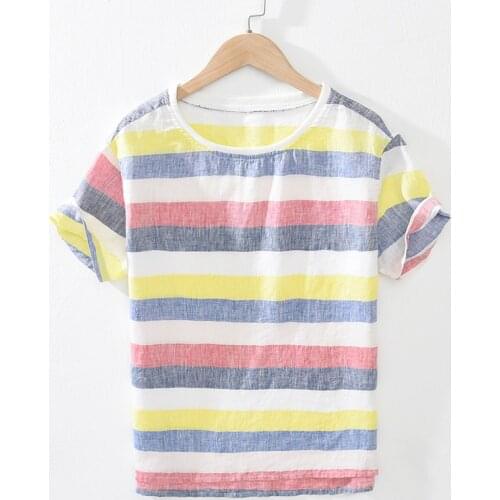 Men Summer Japan Style Round Neck Candy Color Stripped Short Sleeve 100% Linen Slim Fit Casual Loose T-shirt Male Thin Top Tee