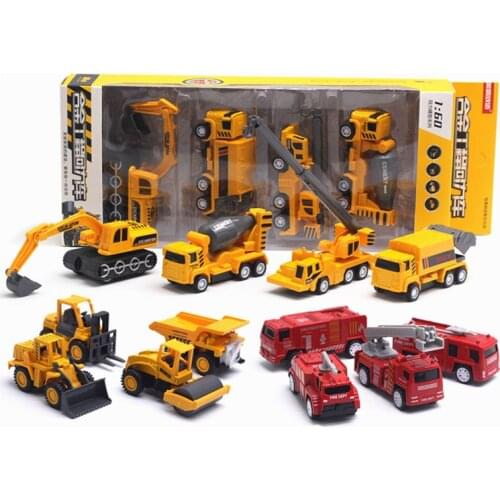 4pcs/set 1:60 Alloy Cars Model Set Pull Back Kids Toys Simulated Military Fire Truck Engineering Excavator Toy For Children Car