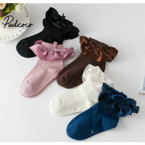 2-8Years Kids Baby Girls Solid Socks Silk Bowknot Ruffled Surround Princess School Socks Soft Autumn Winter Sneakers