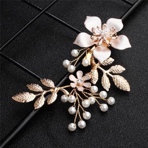 OKILY Gold Color Alloy Flowers Wedding Hair Accessories for Brides Handmade Pearl Bridal Hairclip Duckbill Clips Jewelry