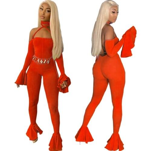 Sexy Women Jumpsuit Halter Bandage Bodycon Flare Sleeve Long Rompers Womens Jumpsuit Outfit Solid Color