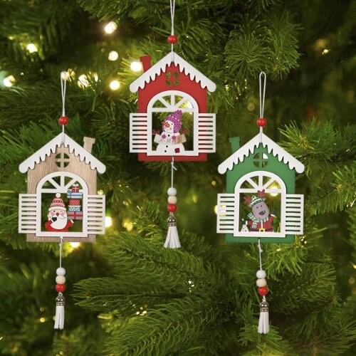 Christmas Tree Pendant Mini Wooden House Wooden Bead Tassel Party Home Decoration Products Crafts