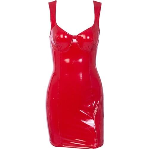 Sexy Spaghetti Strap Bodycon Party Dress Women Red PU Faux Leather V Neck Short Mini Dress Clubwear Basic Backless Pencil Dress