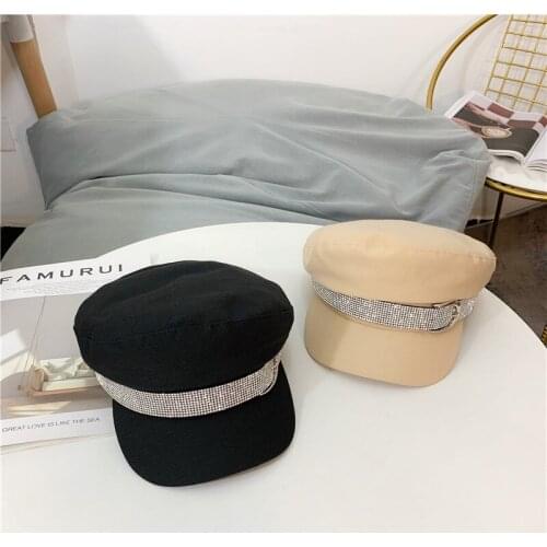 Hat Women Korean Version of Fashion Water Drill Beret Autumn Thin Octagonal Hats Retro British Flat Top Military Cap