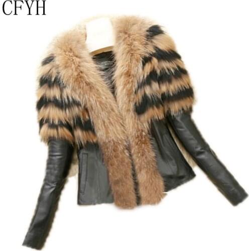 High Quality High Lmitation Sheepskins Fur Coat PU Sleeves Warm Winter Coat Raccoon Dog Fur Coat Big Yards Overcoat