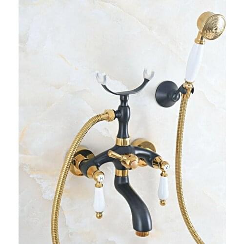 Black Oil Rubbed & Gold Brass 2 Handle Wall Mount Bathroom Bath Tub Faucet Set with 1.5M Hand Held Shower Spray Mixer Tap 2na544