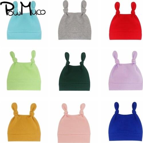 Powmuco Toddler Comfortable Warm Cotton Hats Solid Color Handmade Knotted Newborn Caps Cute Cartoon Ears Headwear Birthday Gifts