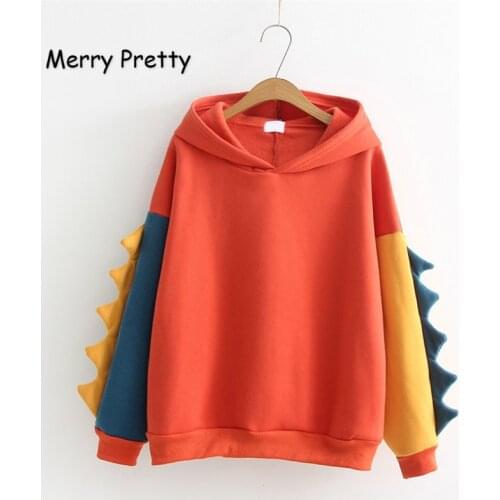 Merry Pretty Women Dinosaur Patchwork Hooded Sweatshirts Long Sleeve Jumper Pullovers Fleece Warm Harajuku Hoodies with horns