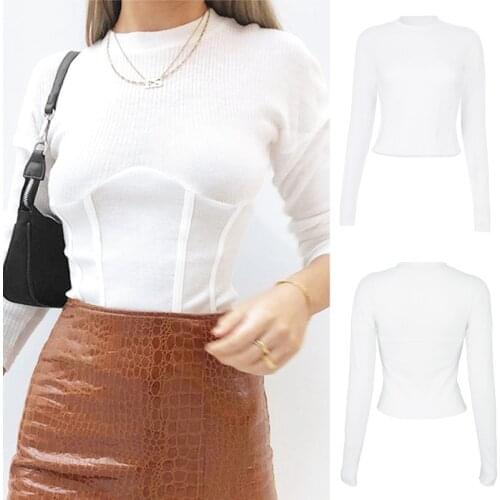 Women Fashion Solid Color Top Autumn Personality High Waist Stitching Long-Sleeve T-Shirt Casual Round Neck Slim Tees