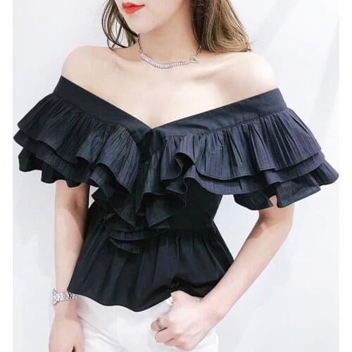 2021 Summer Elegant V Neck Pleated Ruffles Blouse Women Butterfly Sleeve Women Shirts Blouses Solid Sexy Smock Tops Blusas 15593