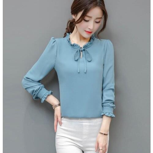 2019 spring new Korean chiffon shirt bow womens long-sleeved white shirt bottoming shirt A123