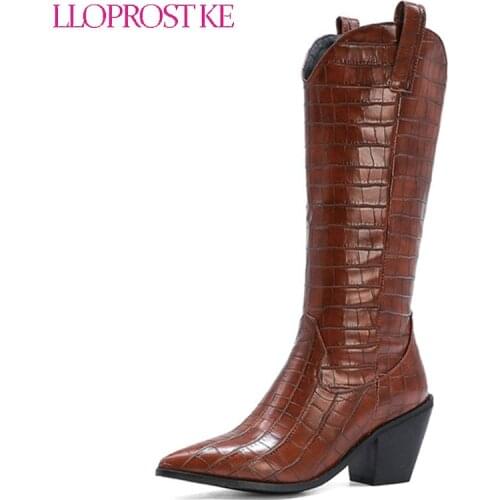 Lloprost ke 2020 hot sale big size 43 knee high boots women high heel shoes pointed toe cool fashion cowboy western boots woman