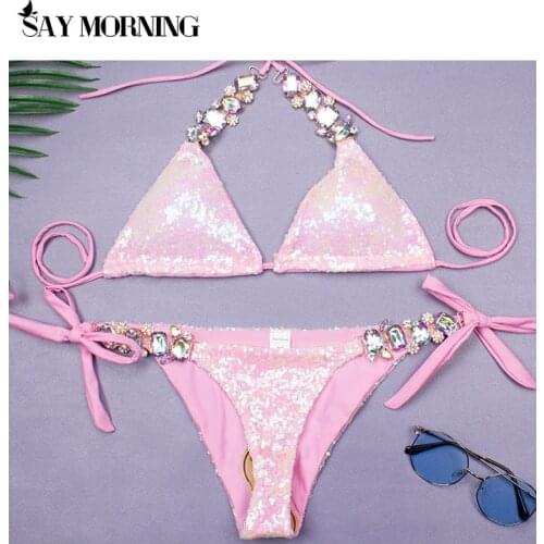 SAY MORNING Crystal Diamond Bikini Sexy Women Rhinestone Swimsuit Halter Bandage Swimwear Beach wear Bling Sequin Bikini Set