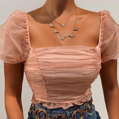 Womens Fashion Sexy Square Neck Perspective Mesh Puff Sleeve Short Sleeve Top