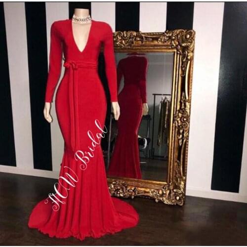 Elegant Long Sleeve Red Evening Dress V Neck Mermaid Sweep Train Formal Dresses Custom Made Women Wedding Party Gowns Cheap