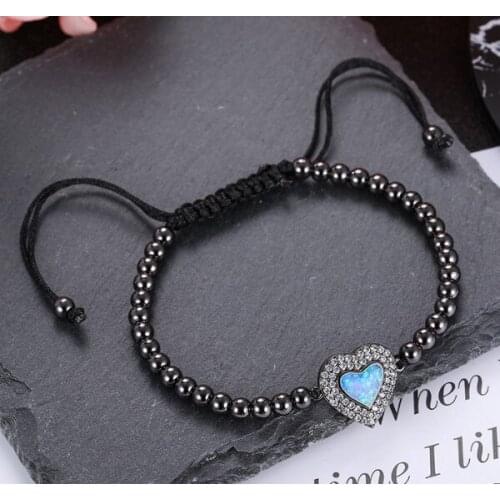 Gold silver rose gold micro pave Cubic Zirconia cz zircon rope adjusted Macrame Blue Opal bracelet yjgh4 heart Braided Bangles