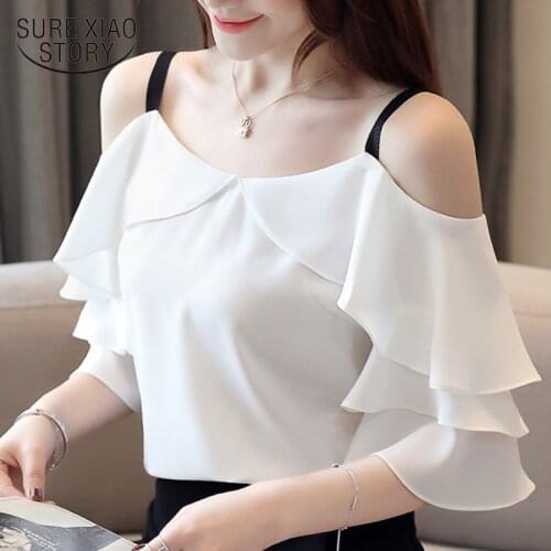 2021 Fashion White Short Sleeve Women Shirts Chiffon Blouse Shirt Women Tops Slash Neck Off Shoulder Top Women Blouses 3571 50