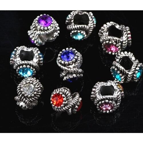 30Pcs Antique Tibetan Silver European Big Hole Rhinestone Beads Fit Jewelry Making Charms Diy Bracelets Finding